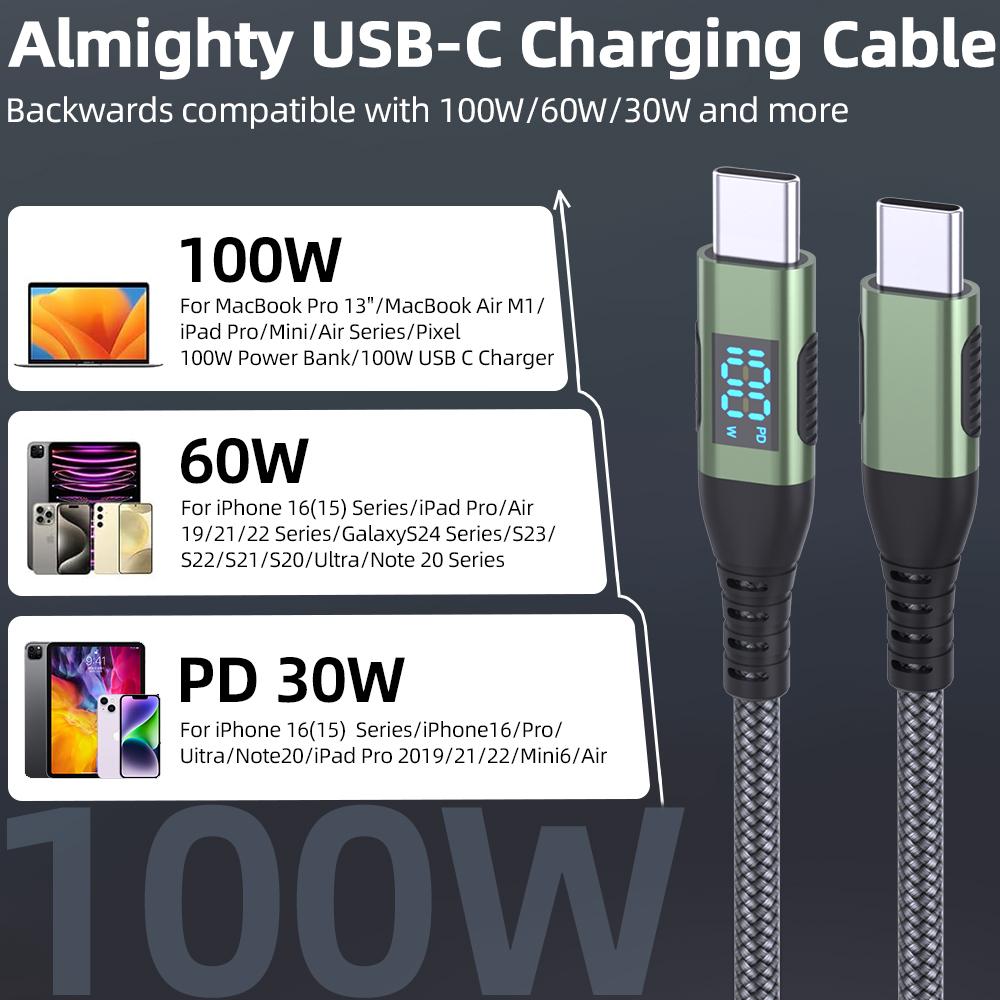 100W USB C To USB C Cable Type C PD 5A FastCharging for LED Display Nylon Braided Charger Cord for iPhone16 15 MacBook iPad