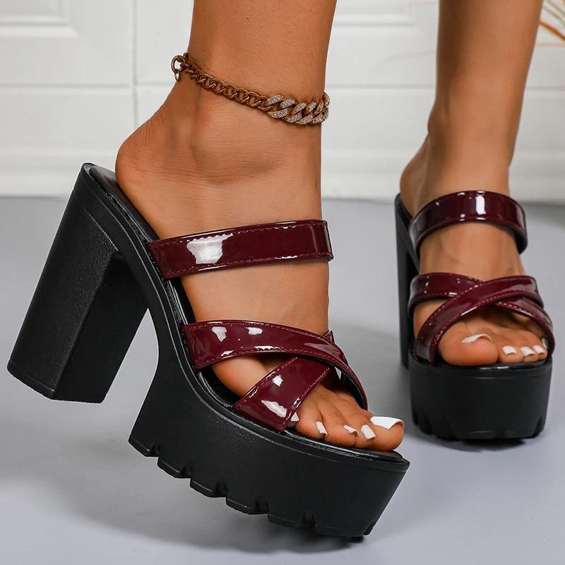 Fashion Street Cross Strap Pu Leather Slippers Women Fashion Slip On Thick Sole Sandals Woman Summer New Open Toe Wedding Slides Female