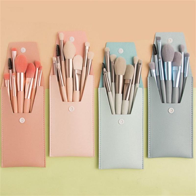8-Piece Macaron Makeup Brush Set with Mini PU Bag for Beginners - Blush & Eyeshadow Tools