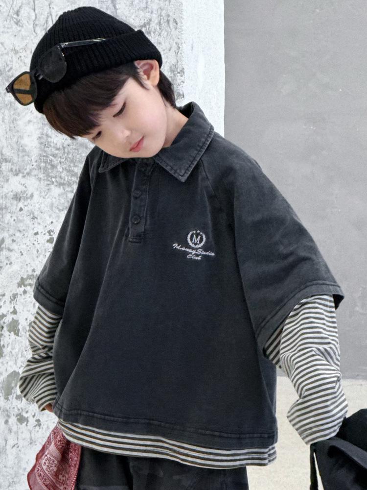 Children's Spring/Autumn Trendy Spliced Long Sleeve Polo Shirt - Casual Loose Korean Style Fake Two-Piece Pullover.