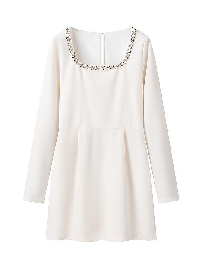 Women's Elegant Beaded Velvet Square Neck Rhinestone Long Sleeve Dress – Winter Formal/ New Year’s Dress