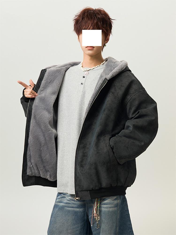

Men s American Retro Hooded Mountain Jacket - Winter Casual Velvet-Lined Cotton with Fur Collar Large чорний