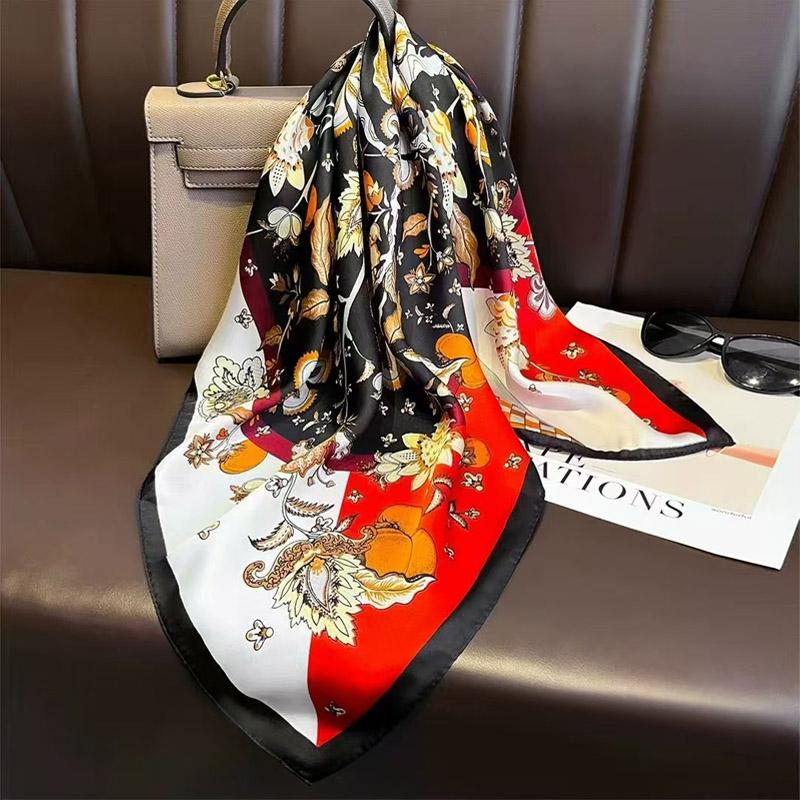 70Cm Luxury Floral Print Silk Square Scarf For Women Soft Satin Kerchief Hair Band Female Headband Hands Bag Ribbions Head Hijab