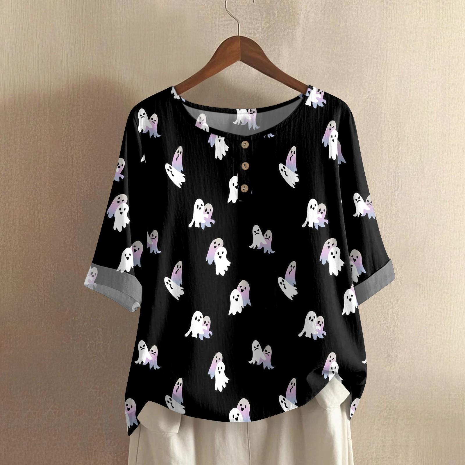 

Женская модная и повседневная рубашка с полурукавом, круглым вырезом, принтом, из хлопка и льна, блузка-топ XXL чёрный