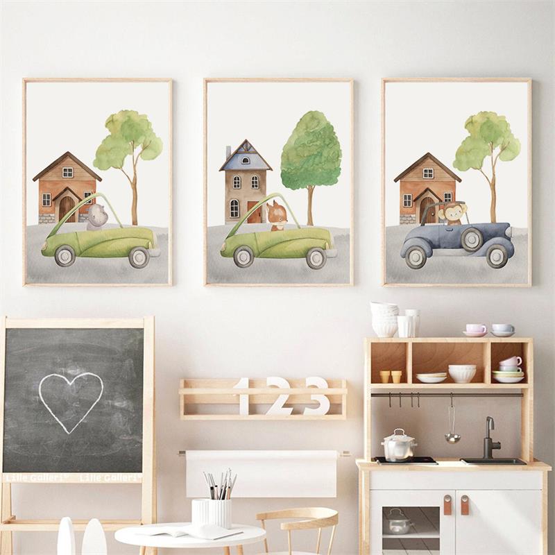 Car Giraffe Lion Elephant Monkey Jungle Animals Wall Art Canvas Painting Nordic Posters And Prints Pictures Baby Kids Room Decor