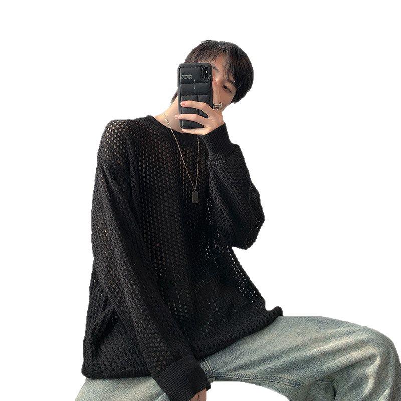 Herren Sommer Dünnes Karomuster T-Shirt: Trendiger Hong Kong Stil, Lochstrick, Langarm, Rundhals Überwurf