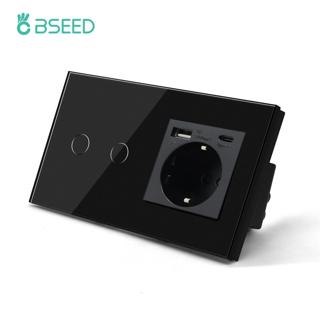 BSEED 1/2/3fach Touchschalter 1-Weg Lichtschalter mit EU-Wandsteckdosen USB Typ-C Steckdosen Glasplatte Schwarz