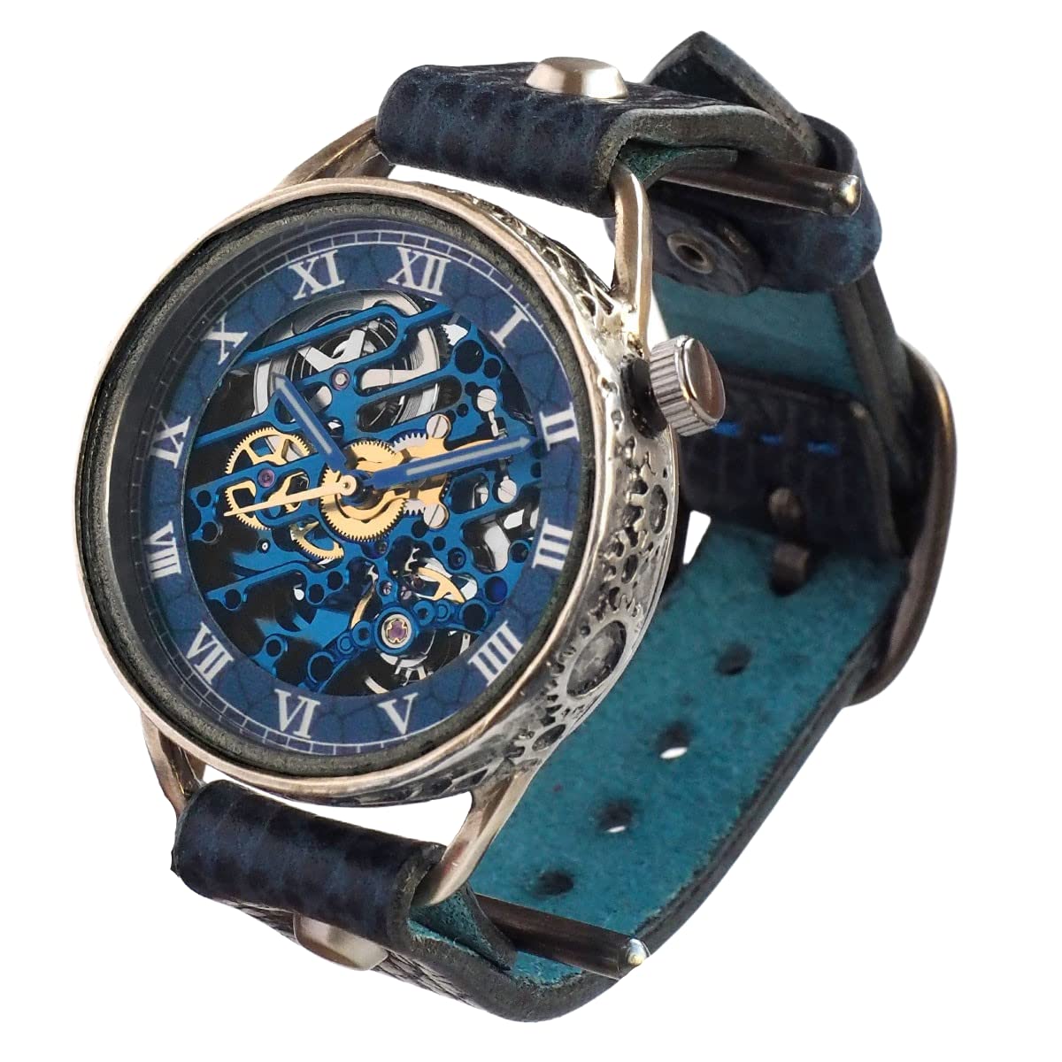 

Handmade Watch Automatic Winding Back Skeleton Mechanic Blue Silver Case Mechanical 40mm Skeleton Cowhide Belt Dial Blue Made in Japan Domestic [KINO]