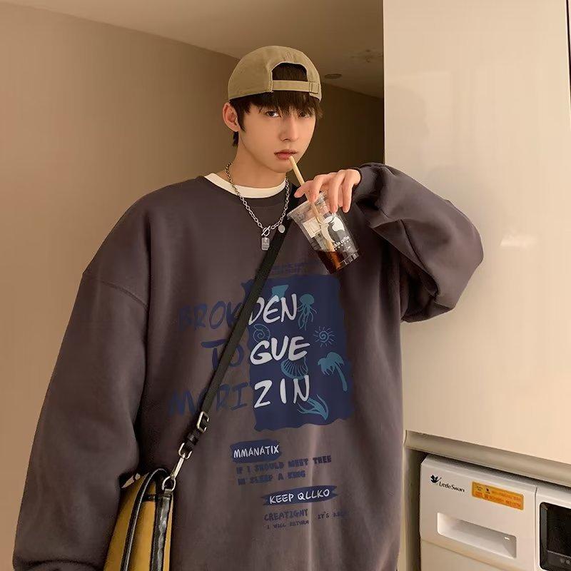 Men's Printed Hoodie Round Neck Hooded Sweatshirt Trendy Brand Casual Hoodies Loose Long Sleeved Pullover Base Shirt