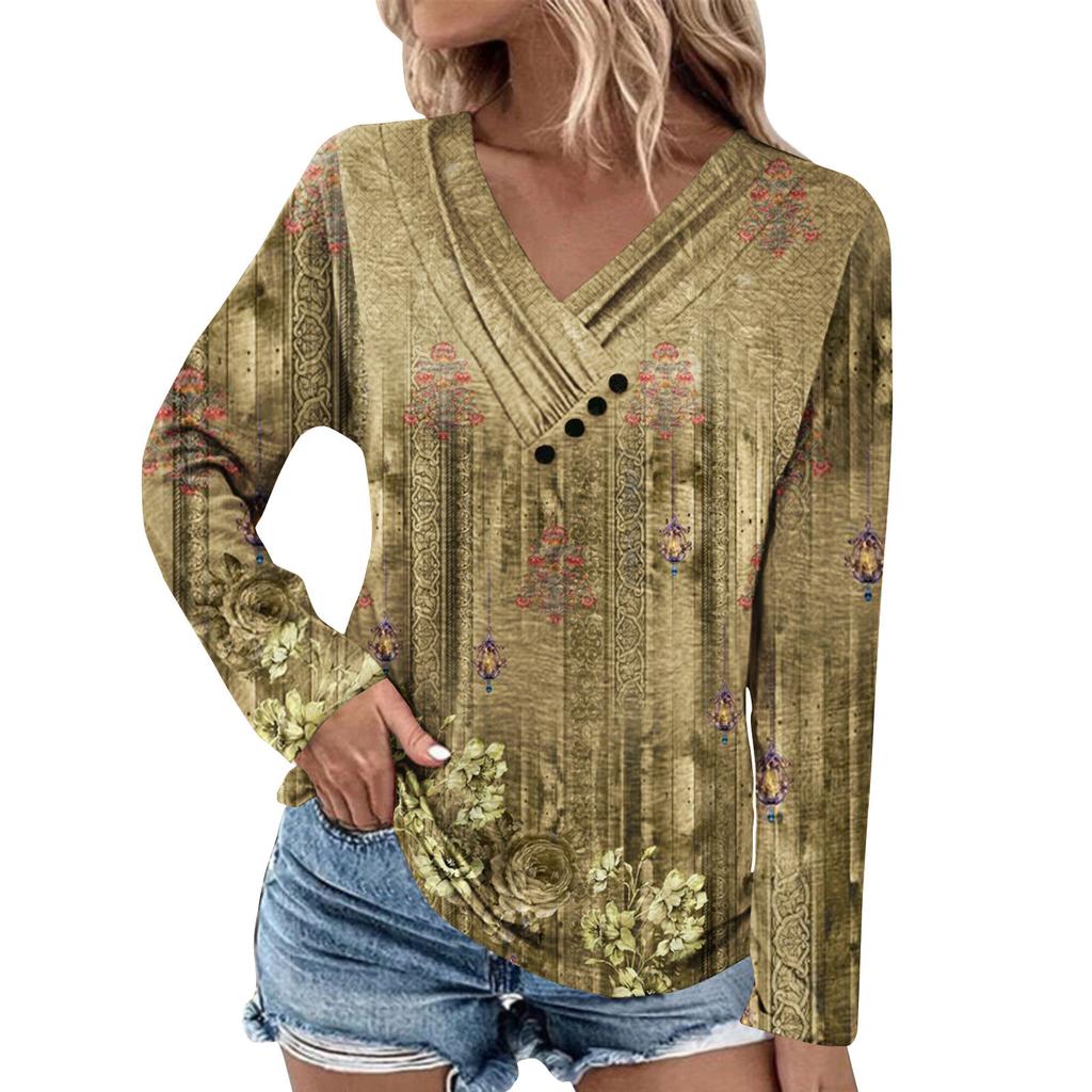 Long Sleeve Blouses For Women Casual V Neck Button Down Shirt Vintage Floral Print Blouse Tops Loose Fit Fall Shirt Top