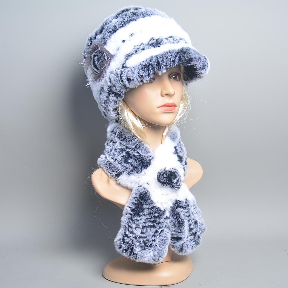 2024 Knitted Real Rex Rabbit Fur Hat Scarf Women Winter Rex Rabbit Fur Cap Scarves Sets Natural Warm Rex Rabbit Fur Muffler Hats