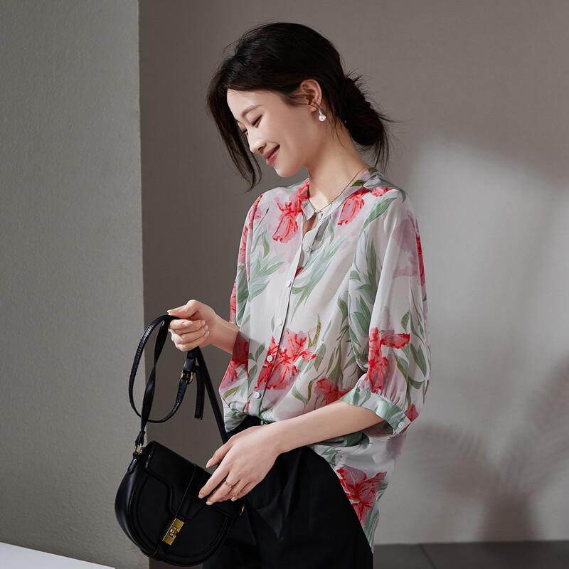 SOFSIL Women s Printed 100% Silk Short Sleeve Blouse XL