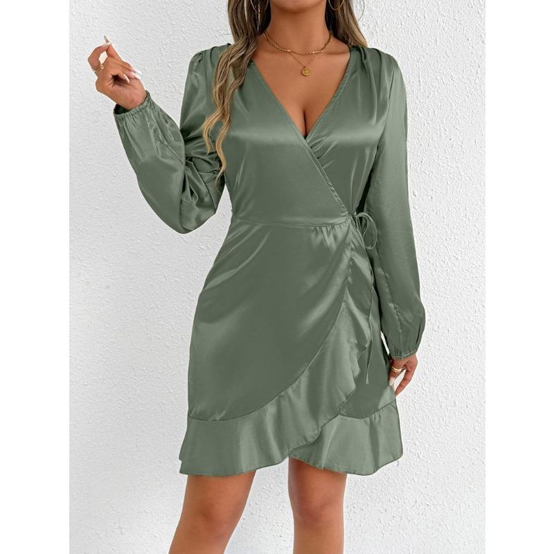 Women Satin Royal Blue Wrap V Neck Ruffle Hem Long Sleeve Mini Dress