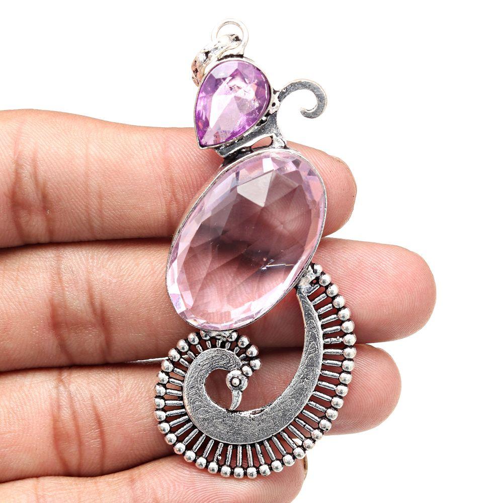 Pendant Amethyst Cheker Cut Gemstone Handmade Silver Jewelry 3"