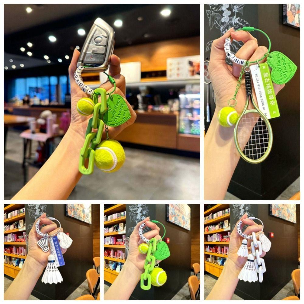 PVC Badminton Keychain Leather Heart Women Bag Charm Trendy Funny Tennis Ornament  Car Key
