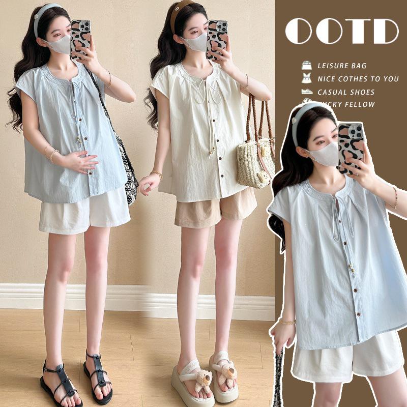 2026 Korean Summer Style Puff Sleeve Shirt & Tummy Support Shorts Set Large