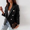 Damska Skórzana Kurtka PU z Długim Rękawem, Dwurzędowa, Jesień Zima, Modna, Osobista, Kurtka do Pracy, Vintage, Klapy, Szykowna, Streetwear