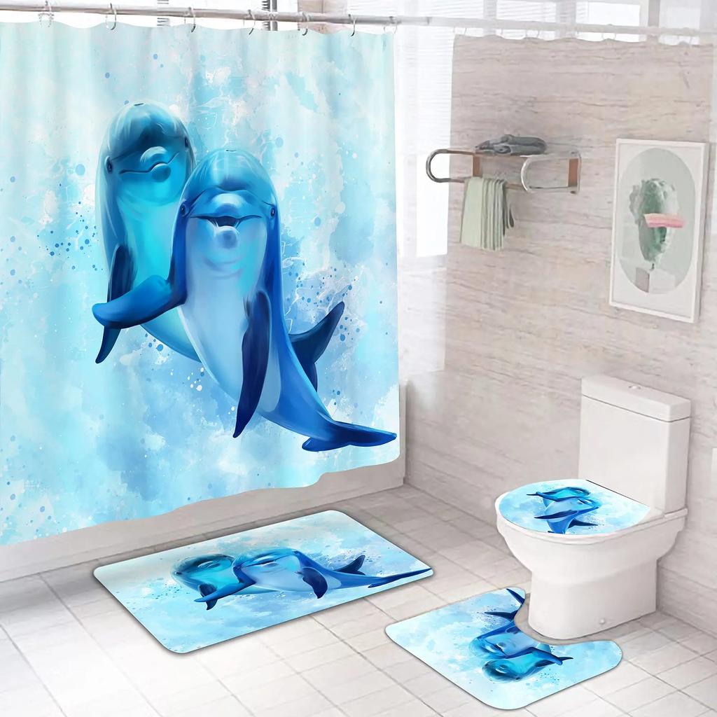 Deep Ocean Dolphin 3D Printing Waterproof Fabric Shower Curtain Set Bathroom Curtains Toilet Cover Mat Non Slip Rug Home Decor