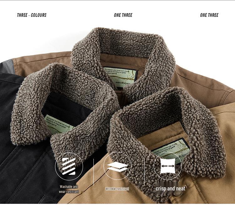 Men's Winter Fleece-Lined Lapel Military Jacket - Loose Fit Lambswool Coat