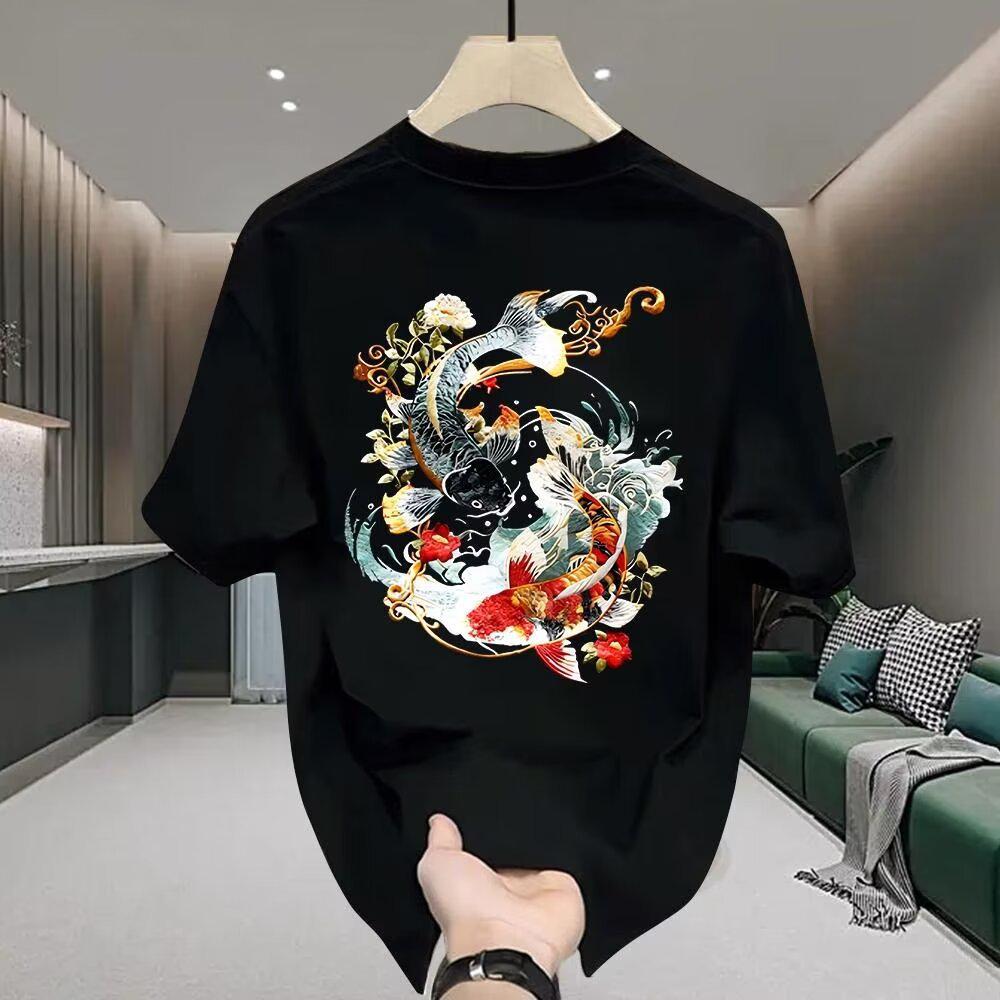 

Летняя футболка свободного кроя в китайском стиле с коротким рукавом и принтом карпов кои для пар M чёрный