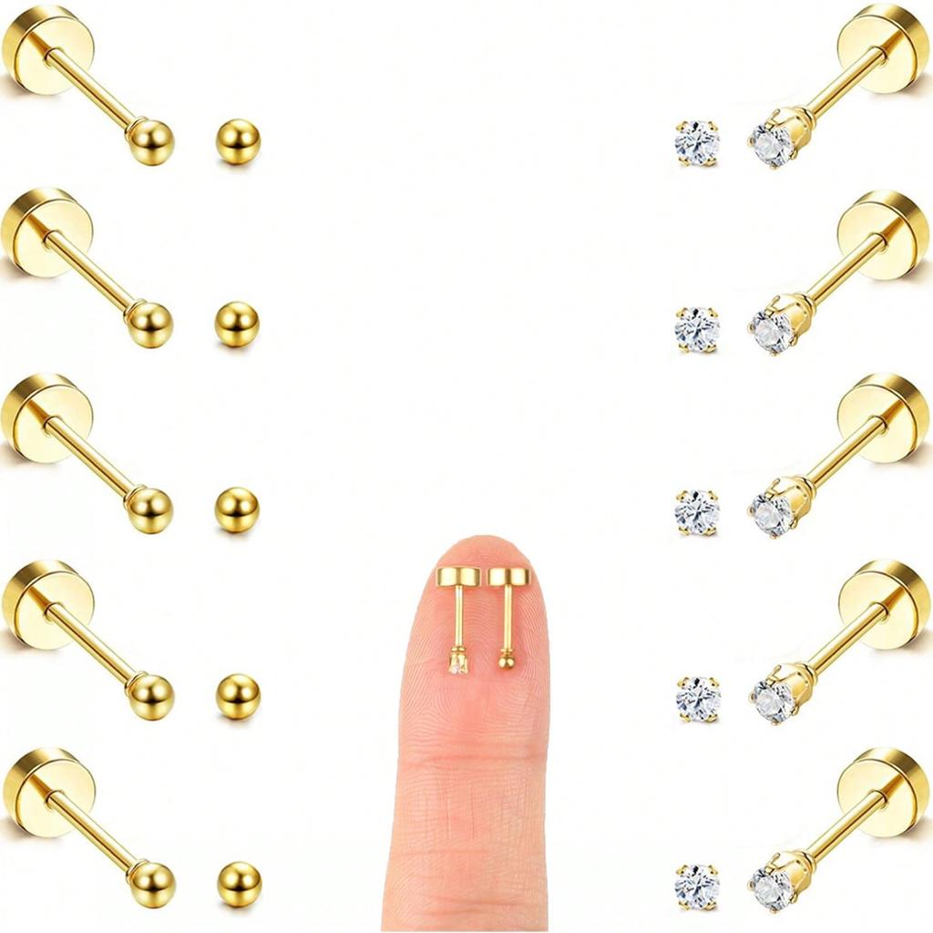 10 Pair 2mm Tiny Gold Flat Back Stud Earrings for Women Men Hypoallergenic Surgical Steel CZ Ball Small Stud Earrings Set