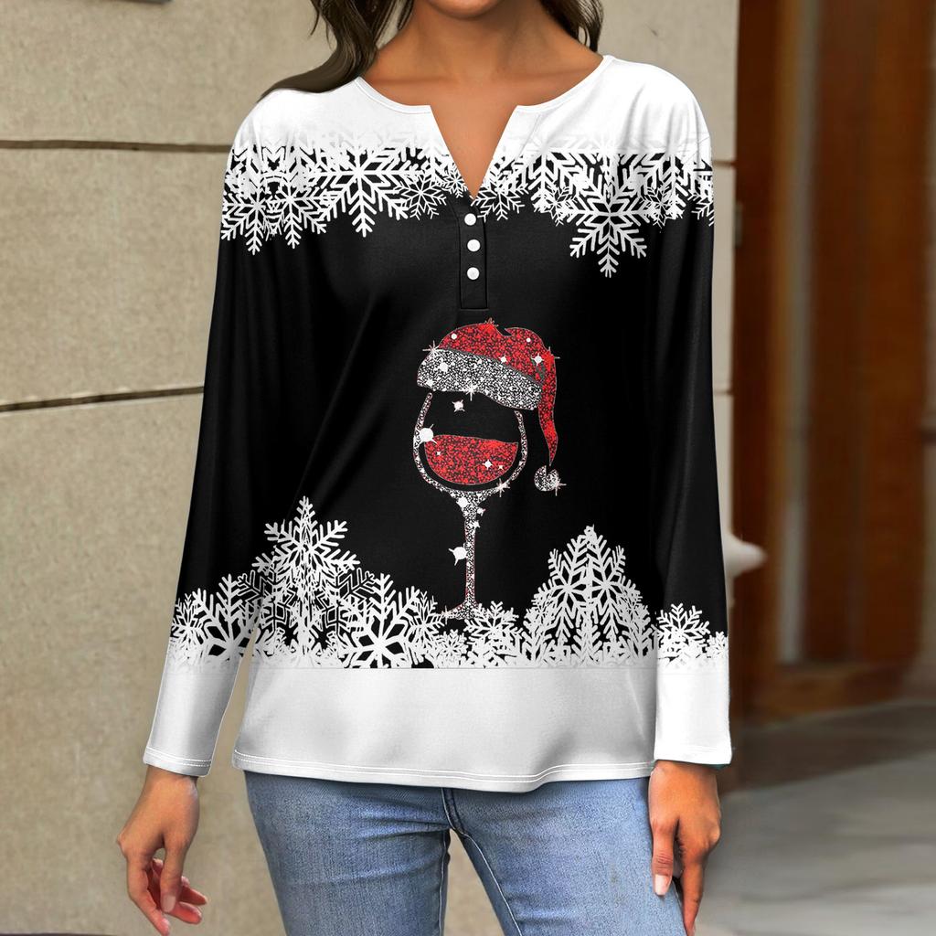 Damen T-Shirt mit Weihnachtsdruck, Knopfleiste, lange Ärmel, für den Alltag, Wochenende, modisch, Basic, V-Ausschnitt, normales Oberteil