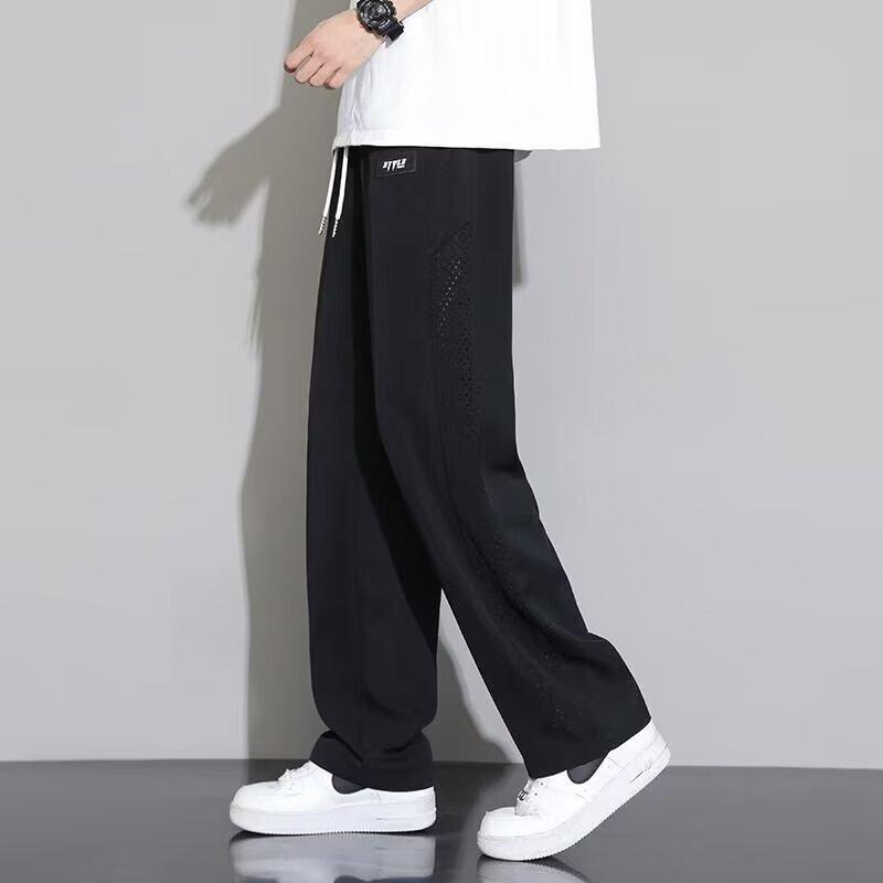 

Mesh Ice Silk Pants Men s Summer Thin Breathable Loose Drape Wide-leg Pants Summer Sports Splicing Casual Trousers L чорний
