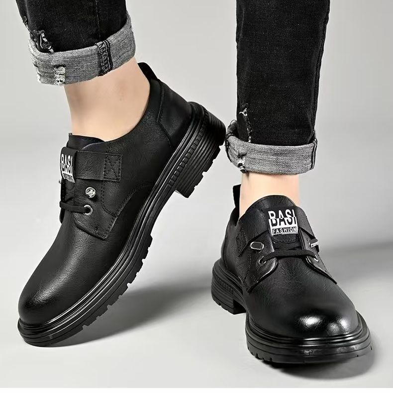 Autumn and winter new British style breathable casual shoes low top thick sole big head leather shoes soft sole