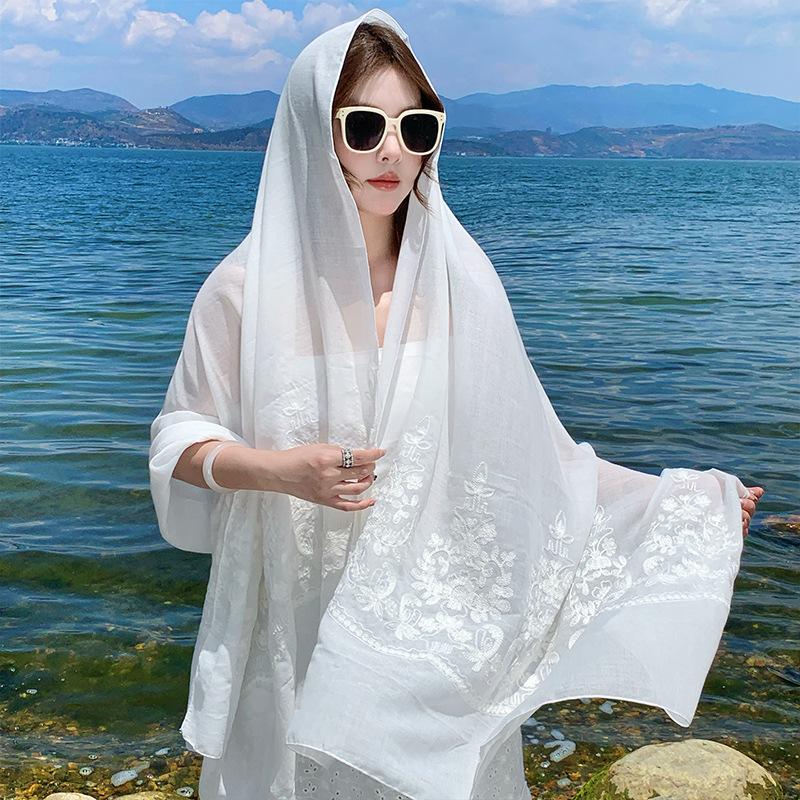 Chinese Ethnic Style White Embroidered Cotton and Linen Scarf Female Literary Spring and Autumn Winter Middle-aged Mother Silk Scarf Shawl Dual-purpos