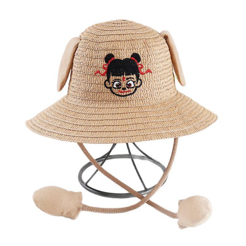 Ears move rabbit hat scenic cartoon cute children's straw hat summer sun protection Nezha sun hat airbag hat