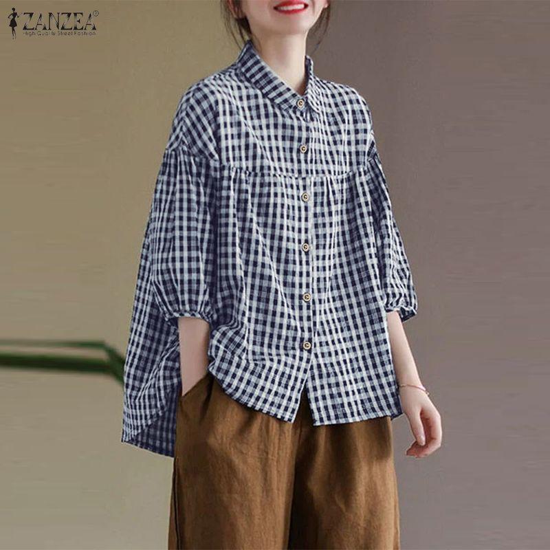 ZANZEA Women Turn Down Collar Loose Casual Half Sleeve Grid Print Blouse