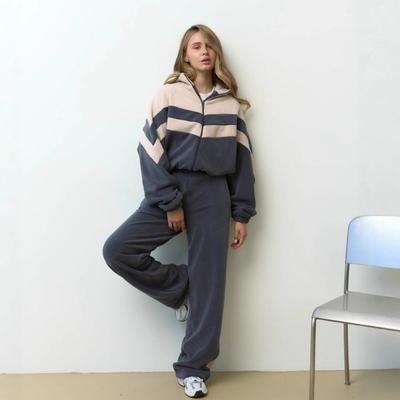 Women's Suit Color-matching Casual Fashion Zipper Temperament Style Long-sleeved Trousers Two-piece Set Women