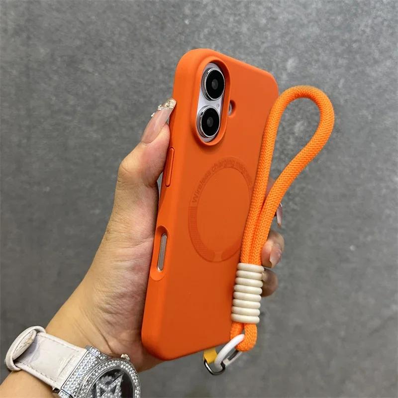 Wrist Strap Magnetic Phone Case For iPhone 17 15 14 11 12 13 16 Pro Max Air Liquid Silicone For Magsafe Lanyard Protector Cover