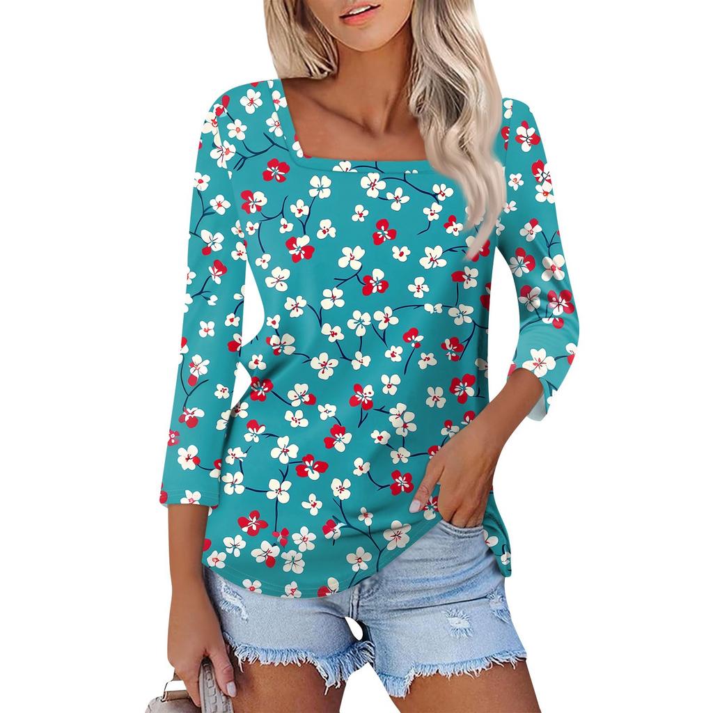 Košile pro dámskou módu Neformální dámské tričko s čtvercovým výstřihem, 3/4 rukávem, volným potištěným tričkem