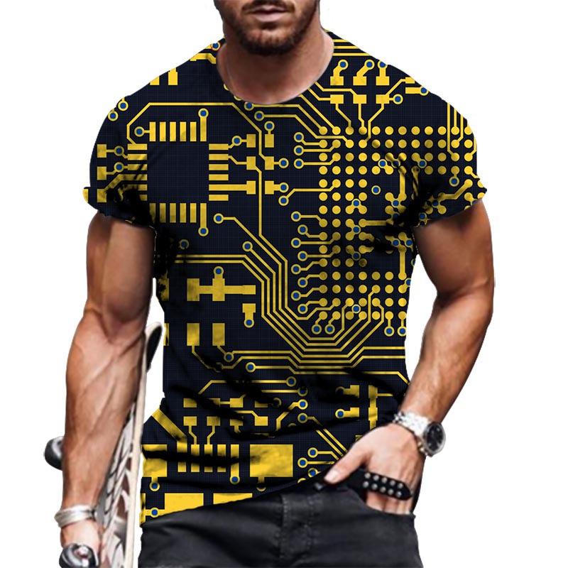 Summer Round Neck 3D Circuit Board Print T-shirts Fashionable Casual Short Sleeved Men's T-shirts