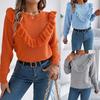 Women Elegant Solid Color Ruffled Long Sleeve Pullover Sweater