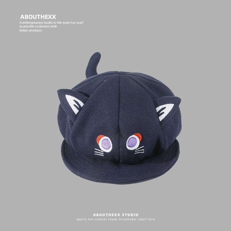

Осенне-зимняя шапка для девочки, сказочный кот, объемные ушки, мультяшная, милая, берет для сладкой девочки, двумерная, кос, восьмиугольная шляпа, мужская M（56-58cm）