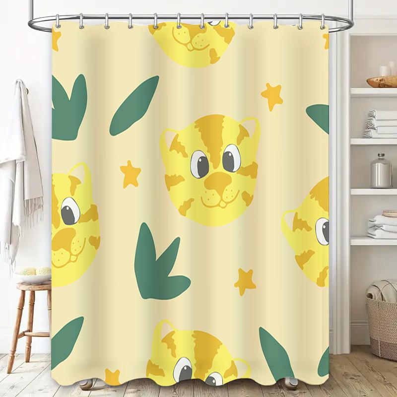 Adorable Cartoon Animal Print Shower Curtain Waterproof Fabric Home Decor Bathroom Decoration Set Yellow Tiger