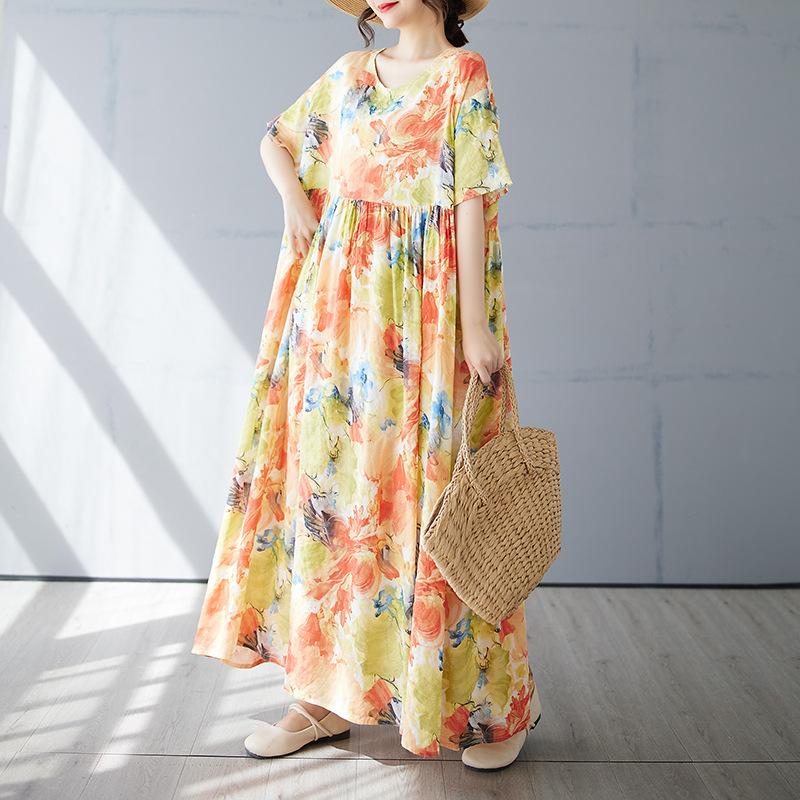 Summer New Simple Bohemian Long Dress Fattened and Enlarged Short-sleeved Crew Neck Printed Dress Women's Clothing