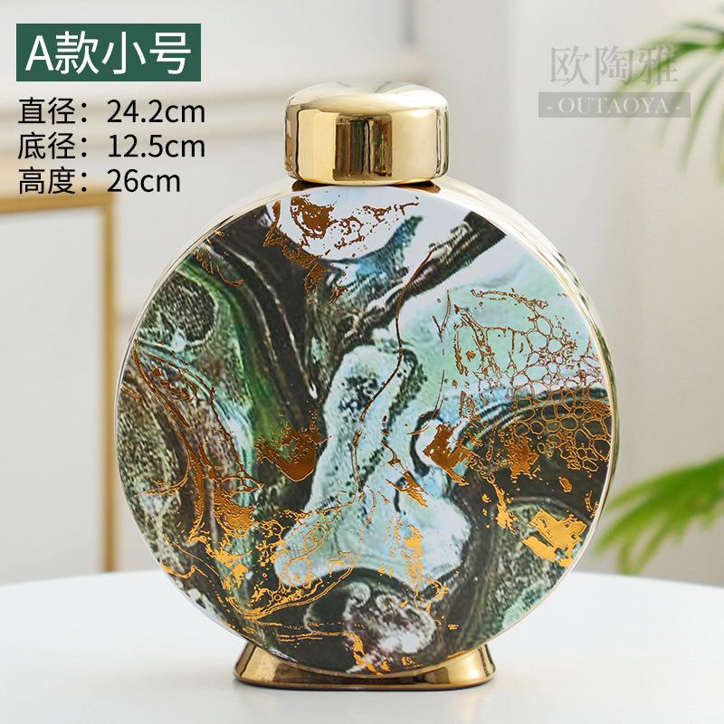 

Marble Pattern Ceramic Vase Classical Storage Jar with Cover Flower Pot Floral Desk Decoration Gold Vases Vintage Home Decor