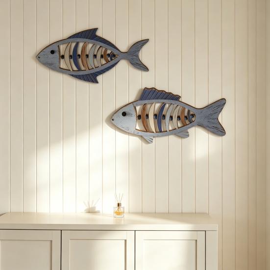 Mediterranean Style Home Decor 2Pcs Wooden Fish Wall Hanging, Hollow Skeleton Rustic Fishbone Hanging Decor, Vintage Nautical Ornament for Kitchen