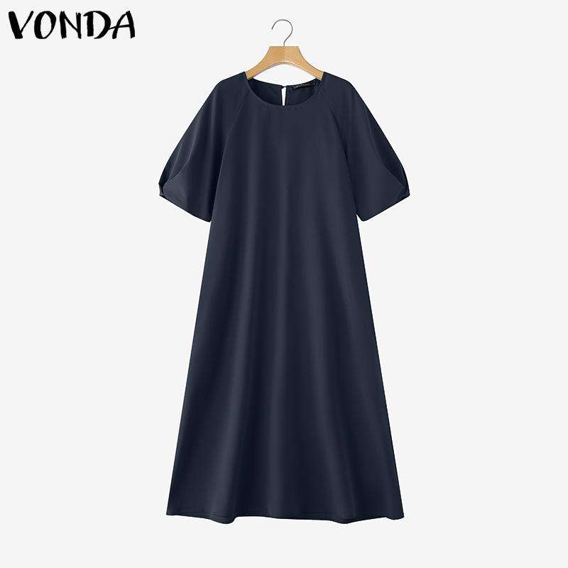 VONDA Elegnat Women Round Neck Batwing Sleeve Baggy Pleated Casual Maxi Dress