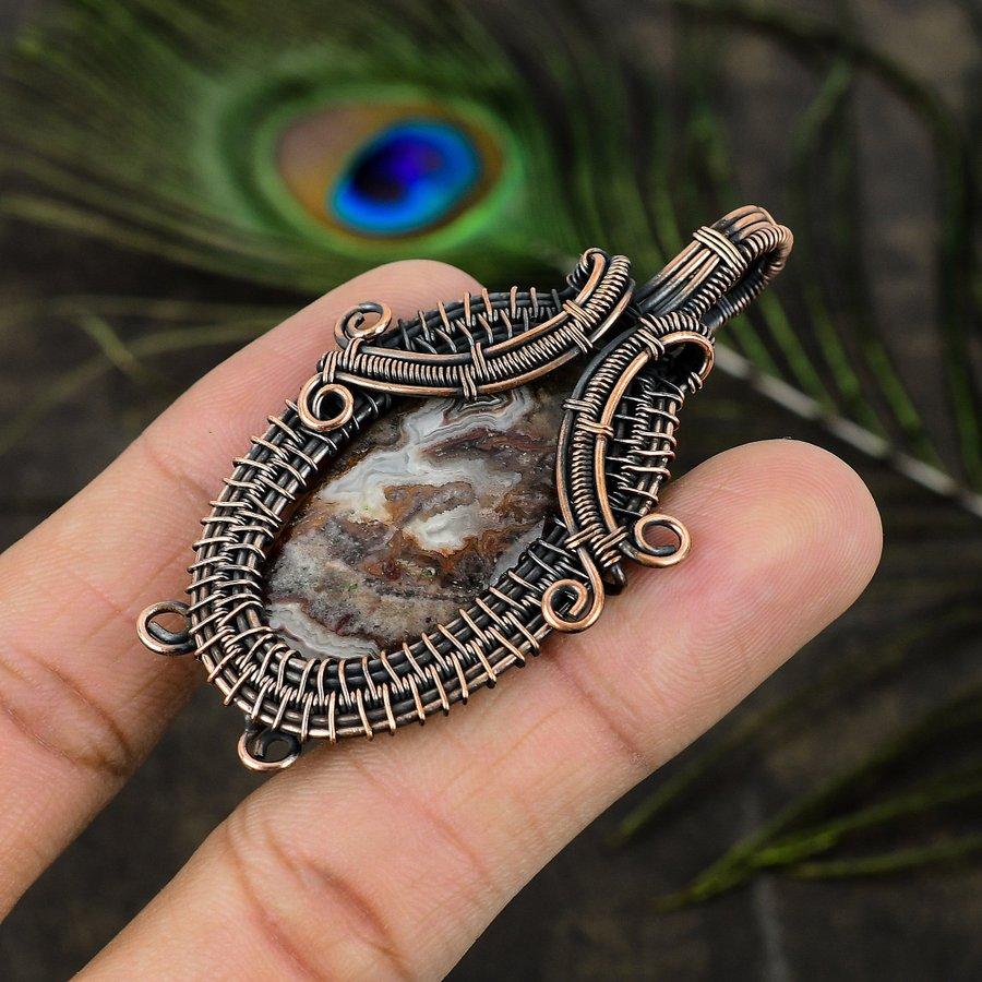 Natural Crazy Lace Agate Gemstone Copper Wire Wrap Gift Pendant 2.56" e7v40