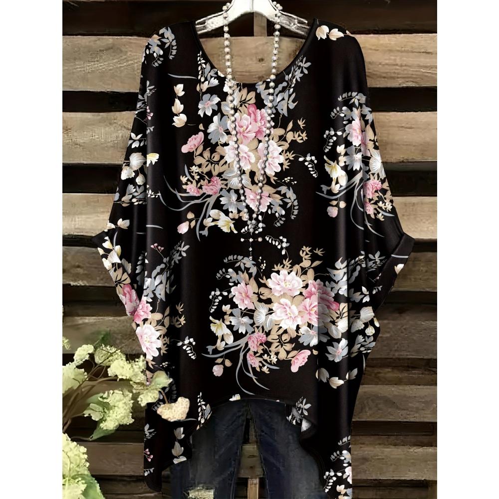 Haine de Vară Femei 2025 Albastru Marin și Alb cu Imprimeu Floral Elegant Versatil Design Decolteu Rotund Mânecă Scurtă Top Y2k pentru Femei