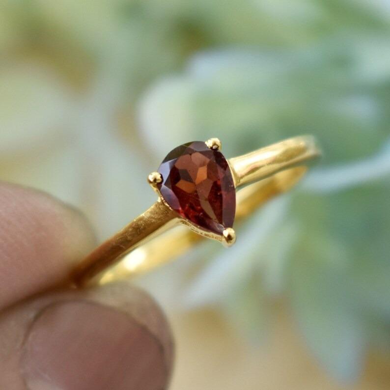 Granat Birne Edelstein Handgefertigter Designer 925 Sterling Silber Ring, Gelbgold Ring, Statement Ring, Damen Ring, Krappenfassung Ring