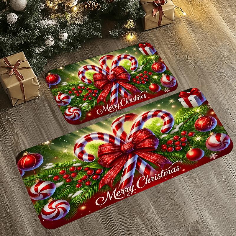 Christmas Candy Cane Kitchen Rug, Indoor Outdoor Flannel Non-Slip Soft Mat for Kitchen Office Bathroom Holiday Home Decor