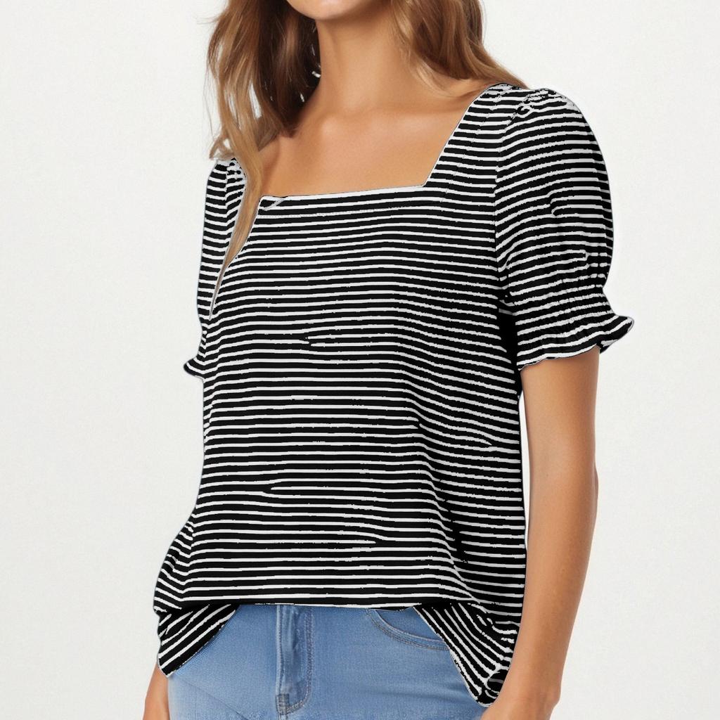 Women's Fashion Square Neck T-Shirt With Petal Sleeves, Short-Sleeved Striped Top