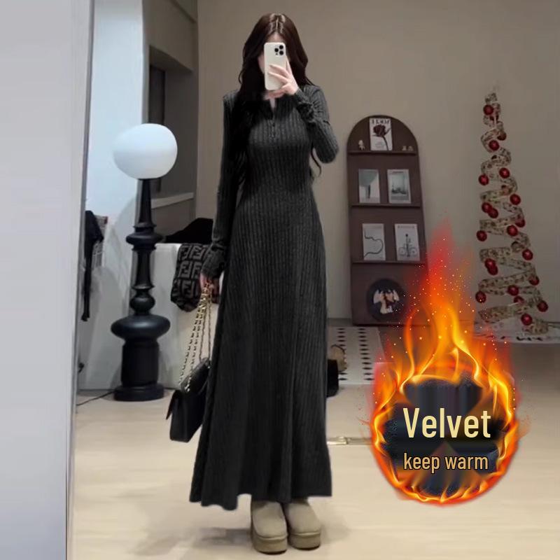 

Elegant Korean Style Knit Dress with Velvet Lining - Slimming Long Skirt for Women, Autumn/Winter 2025 Collection Small