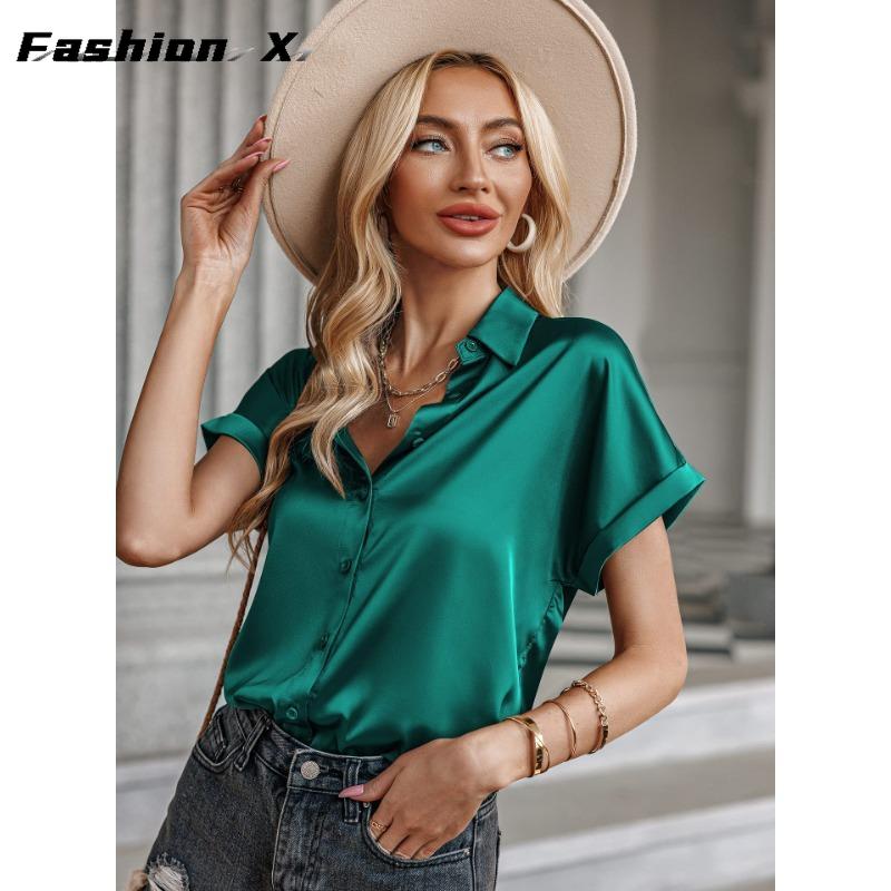 Dámská košile Hedvábná saténová košile s krátkým rukávem s knoflíkem přes rameno