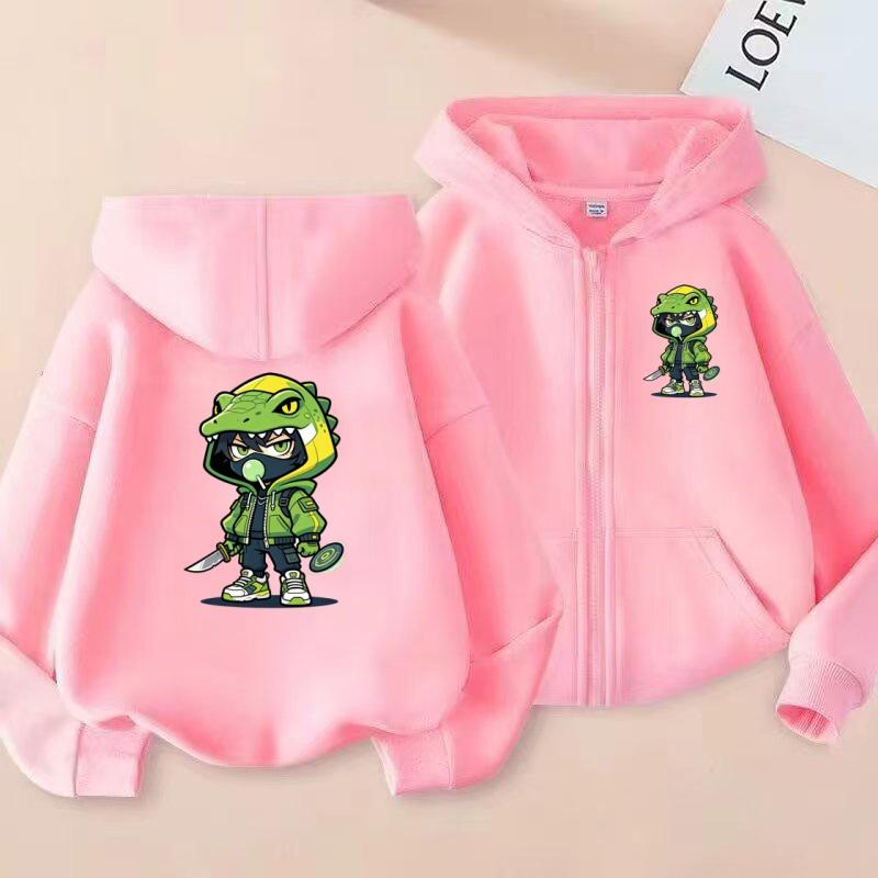 2026 New Style Children's Sporty Zippered Hooded Sweatshirt Casual Jacket with Cartoon Lizard Pattern for Ages 3 To 12